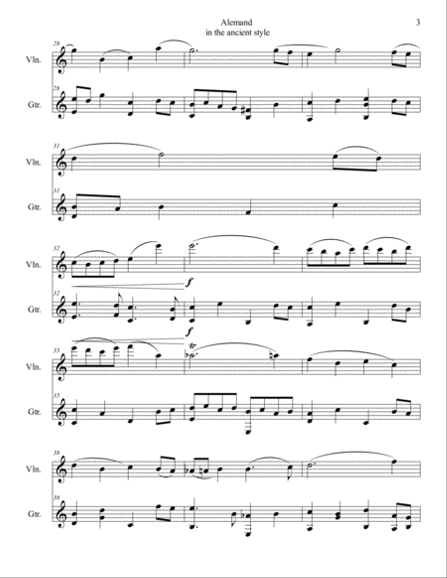 Alemand in the ancient style for Violin and Guitar, Gentle contemplative piece. String Duet scores gallery preview page 3