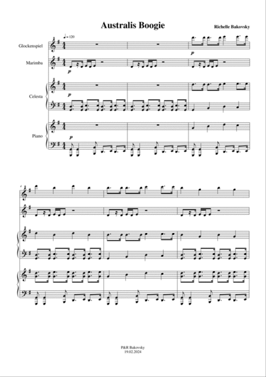 R. Bakovsky: Australis Boogie for Marimba, Keyboard, Celesta, and Glockenspiel Piano scores gallery preview page 2