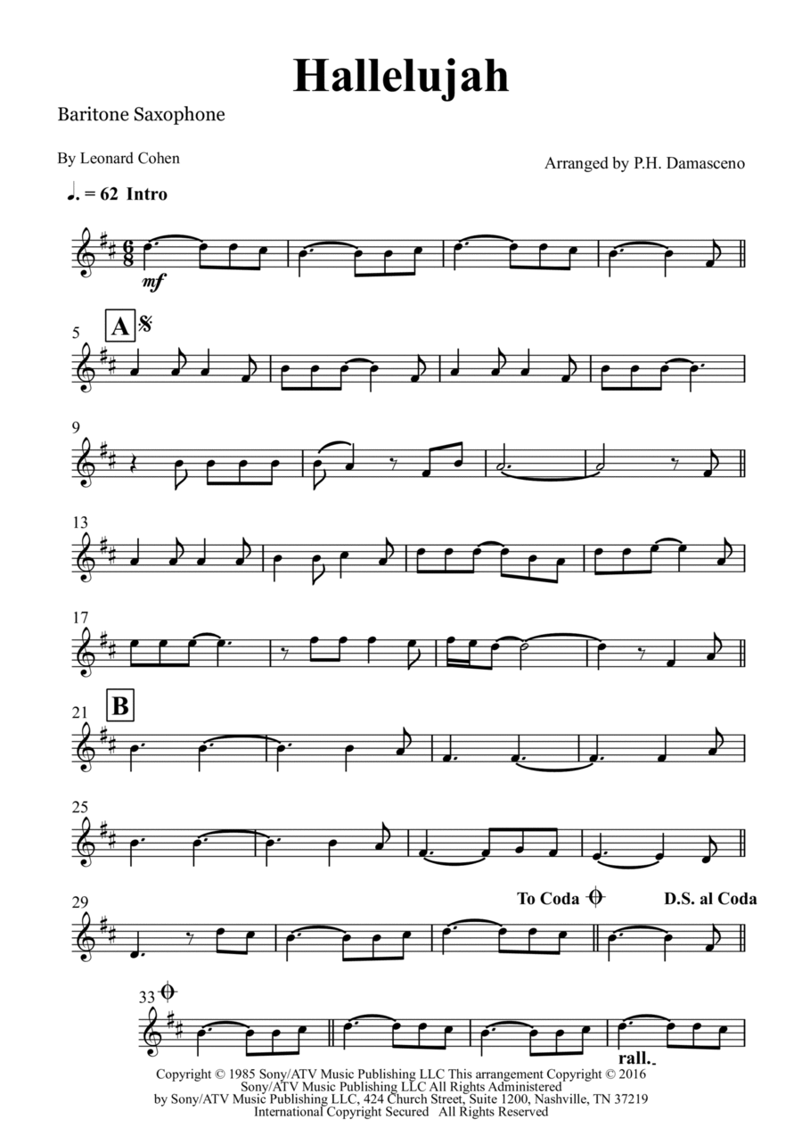 Hallelujah Baritone Saxophone scores gallery preview page 1