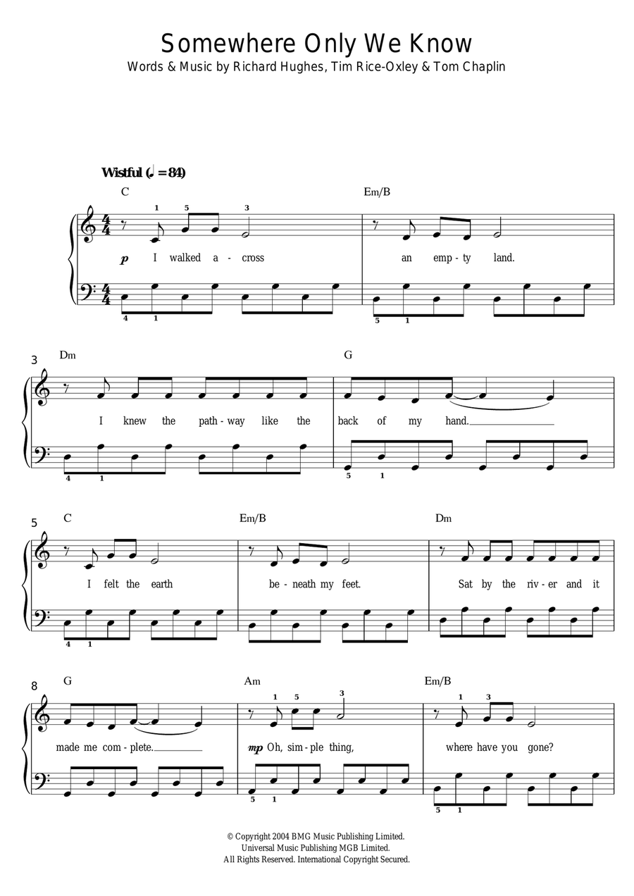 Somewhere Only We Know Easy Piano scores gallery preview page 1