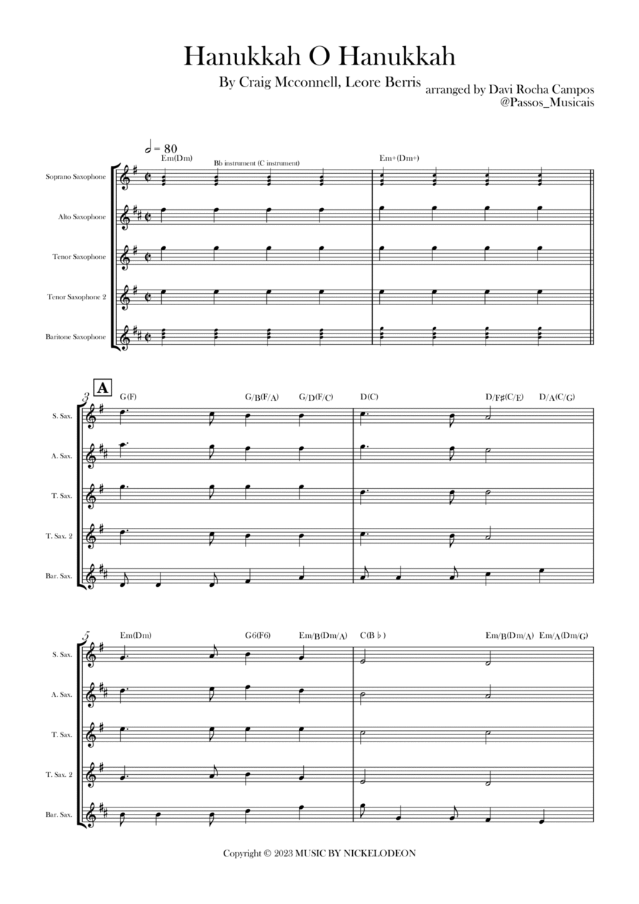 Hanukkah O Hanukkah Saxophone Quintet scores gallery preview page 1