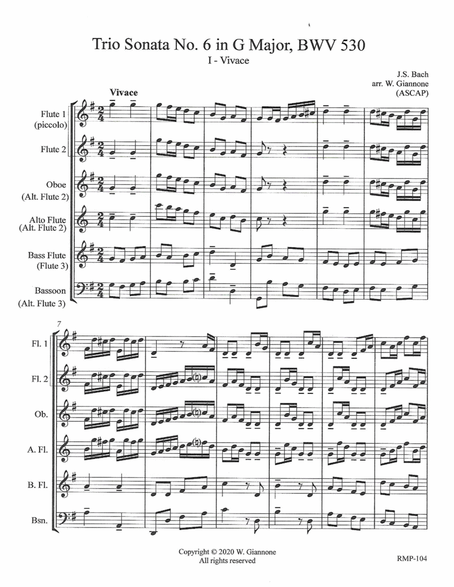Bach - Trio Sonata No. 6 in G Major - Full Score - Flute1-2-3-AltoFl-Oboe-Bassoon Woodwind Trio scores gallery preview page 1