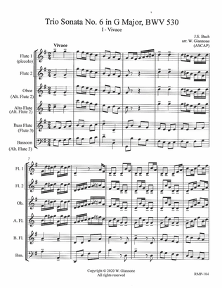 Book cover for Bach - Trio Sonata No. 6 in G Major - Full Score - Flute1-2-3-AltoFl-Oboe-Bassoon