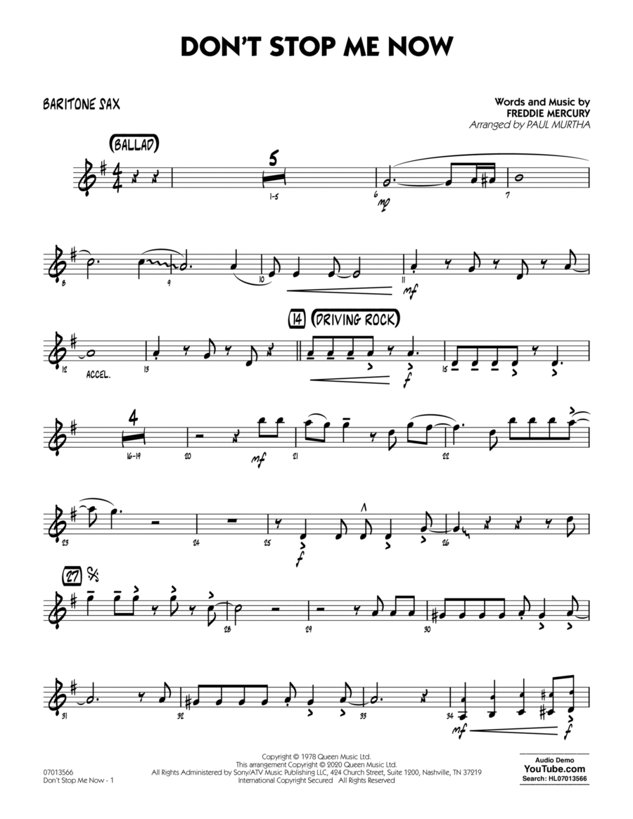 Don't Stop Me Now (arr. Paul Murtha) - Baritone Sax