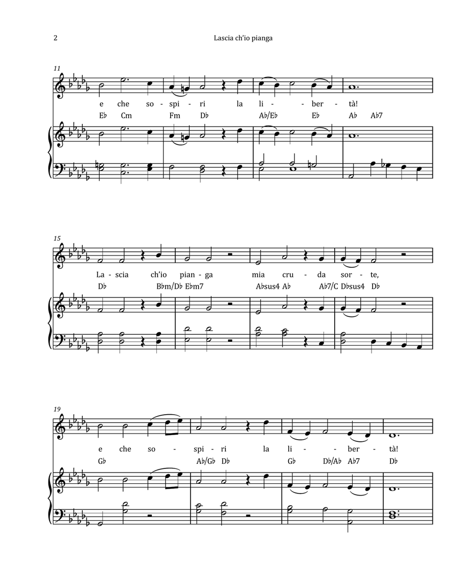 Lascia Ch'io Pianga by Händel - Contralto & Piano in D-flat Major with Chord Notation Chamber Music scores gallery preview page 2