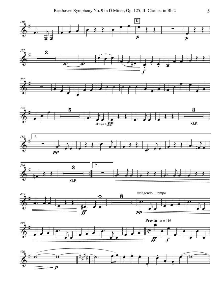 Beethoven Symphony No. 9, Movement II - Clarinet in Bb 2 (Transposed Part), Op. 125 B-Flat Clarinet scores gallery preview page 5