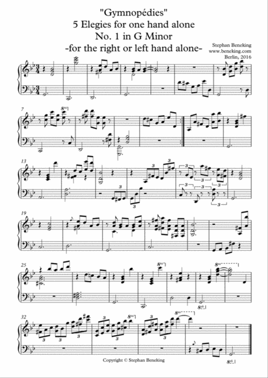 Gymnopedies - 5 Elegies for one Hand alone Piano Method scores gallery preview page 2
