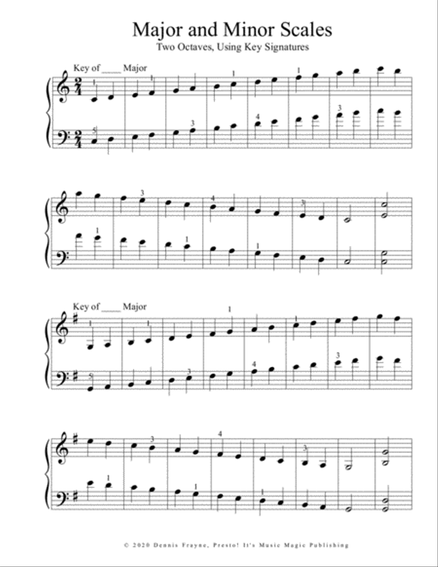 SCALES, Major and Minor Scales (C, G, D, A, E, B, F) Two Octaves (standard notation) Piano Method scores gallery preview page 1