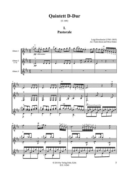 Quintett D-Dur G. 448 (für Gitarren-Trio) by Luigi Boccherini Guitar Ensemble - Sheet Music