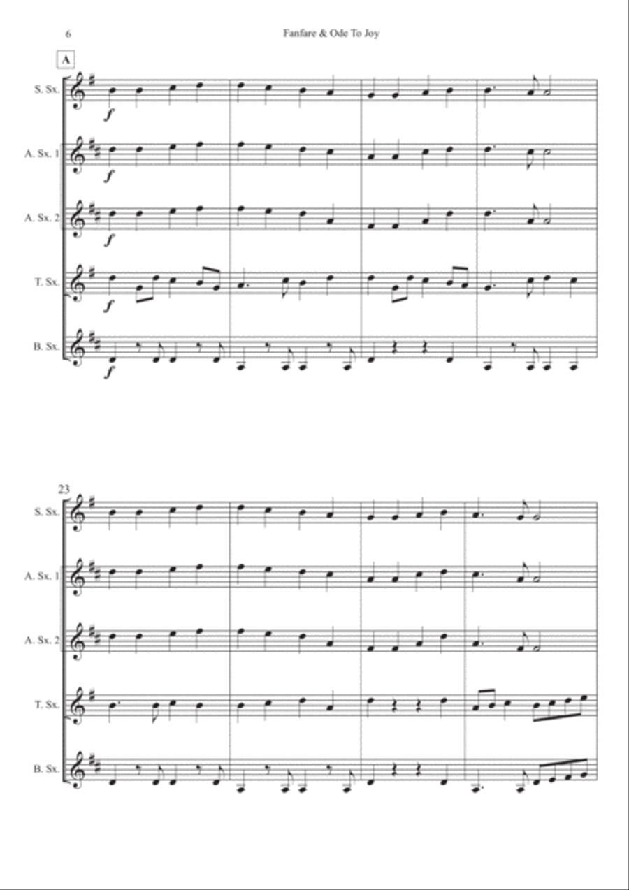 Fanfare and Ode To Joy for Saxophone Quintet Saxophone Quintet scores gallery preview page 6