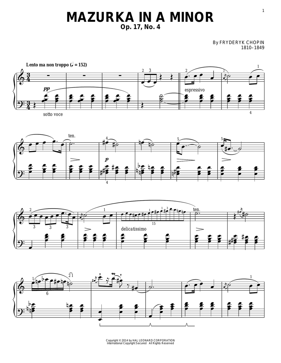Mazurka In A Minor, Op. 17, No. 4 Piano Solo scores gallery preview page 1
