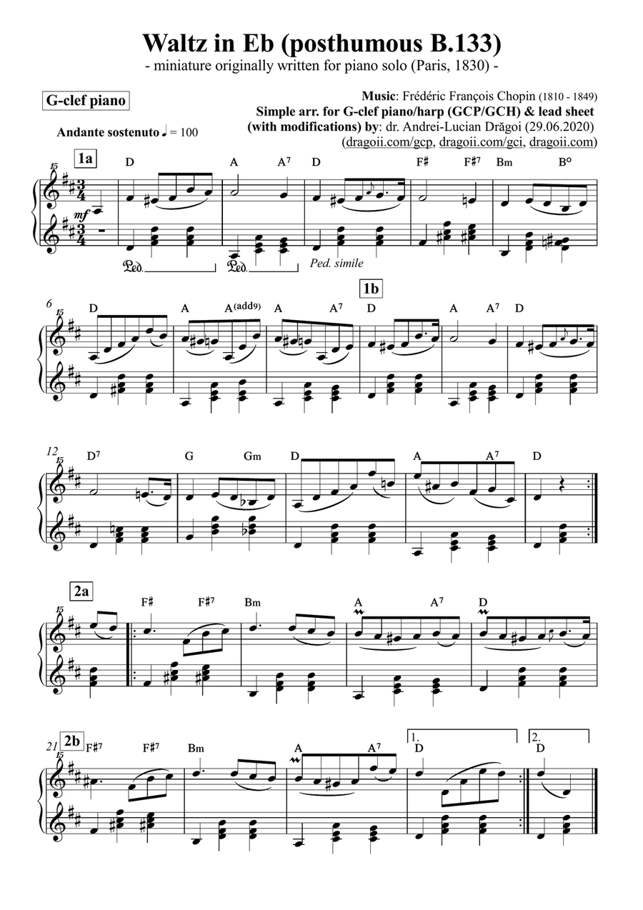 Chopin (Frederic) - Waltz in Eb (posthumous B.133) - simplified arrangement for G-clef piano/harp (G Large Ensemble scores gallery preview page 3