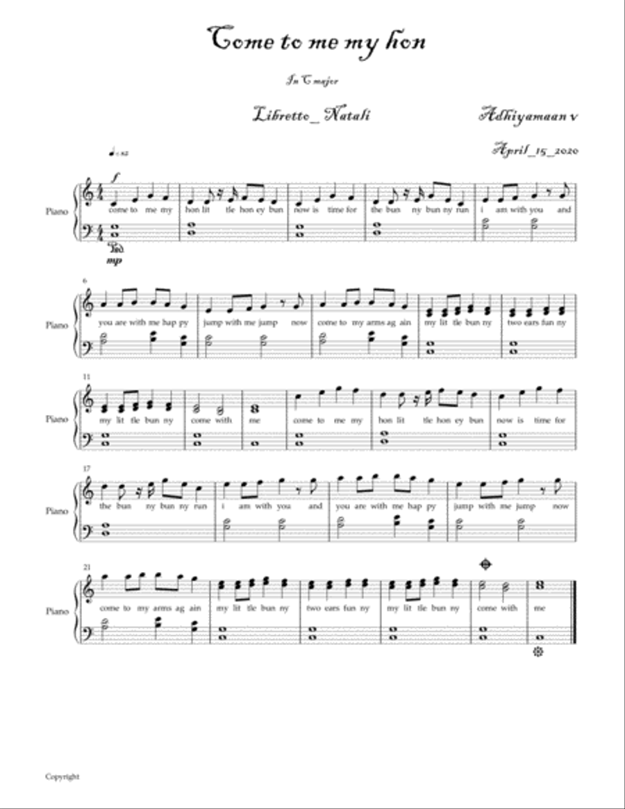 Come to me my hon Easy Piano scores gallery preview page 1