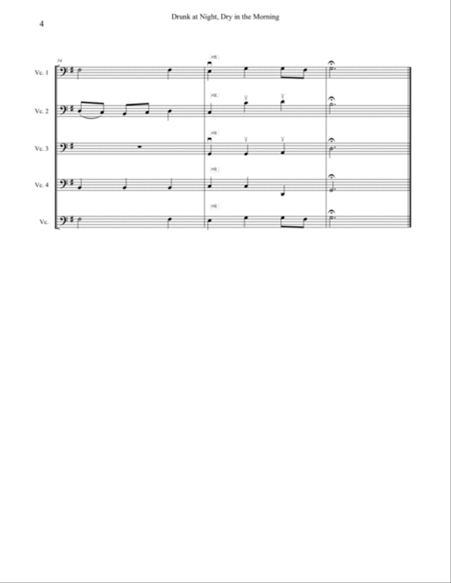 Drunk at Night, Dry in the Morning for beginner cello quartet (four cellos) Cello scores gallery preview page 4