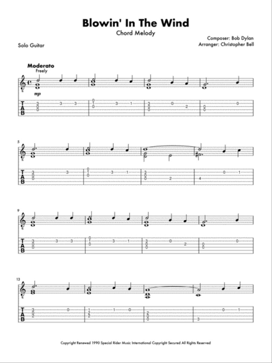 Blowin' In The Wind Guitar Tablature scores gallery preview page 1
