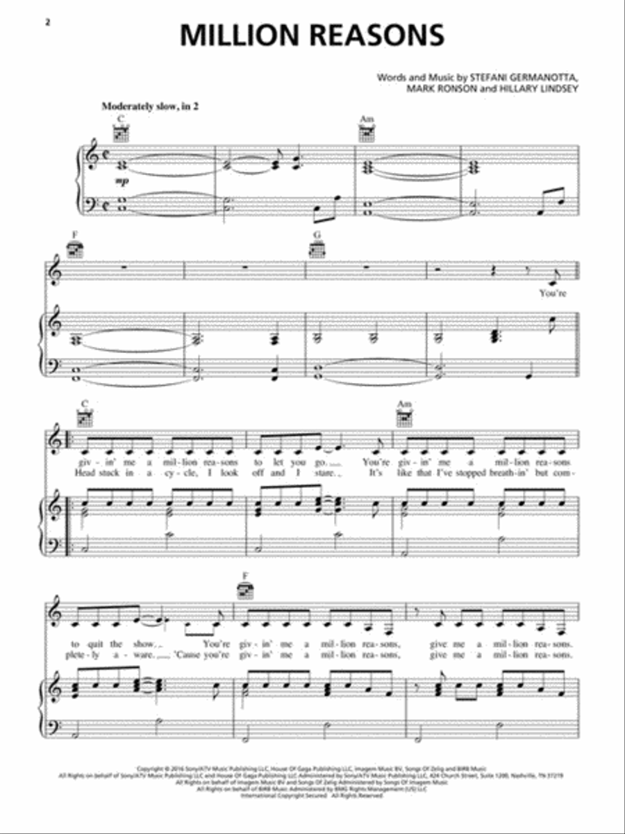 Million Reasons Million Reasons Piano, Vocal, Guitar scores gallery preview page 2