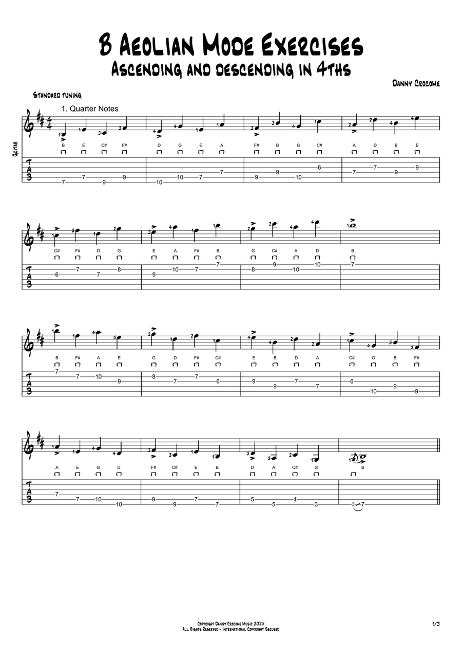 B Aeolian Mode Exercises - Ascending and Descending in 4ths Acoustic Guitar scores gallery preview page 1