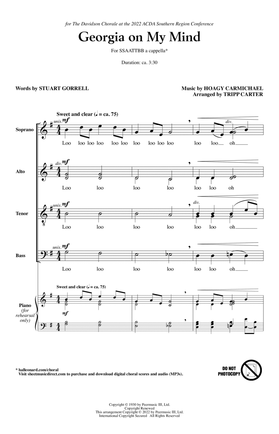 Georgia On My Mind (arr. Tripp Carter) SSAATTBB scores gallery preview page 1