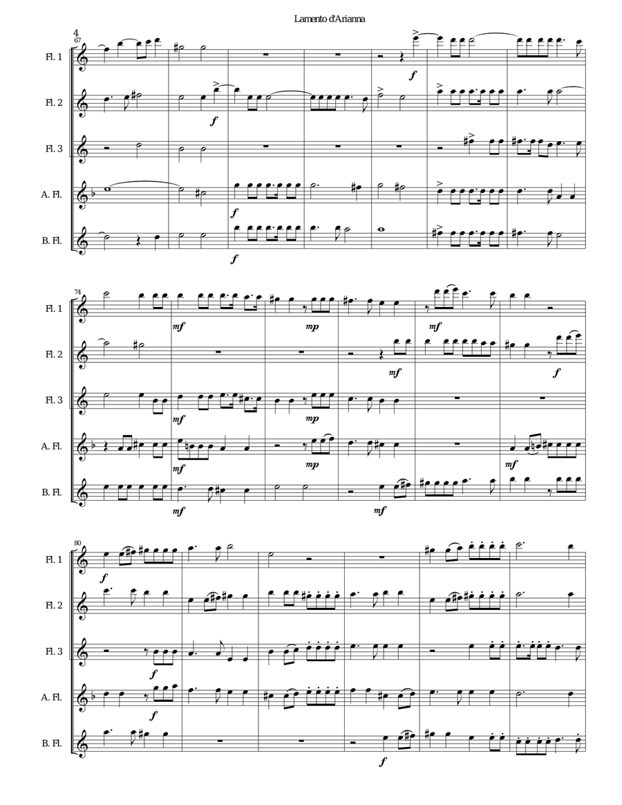 Lamento d'Arianna for flute quintet Flute Solo scores gallery preview page 4