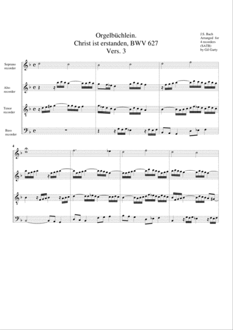 Christ ist erstanden, BWV 627 from Orgelbuechlein (arrangement for 4 recorders) Recorder scores gallery preview page 5