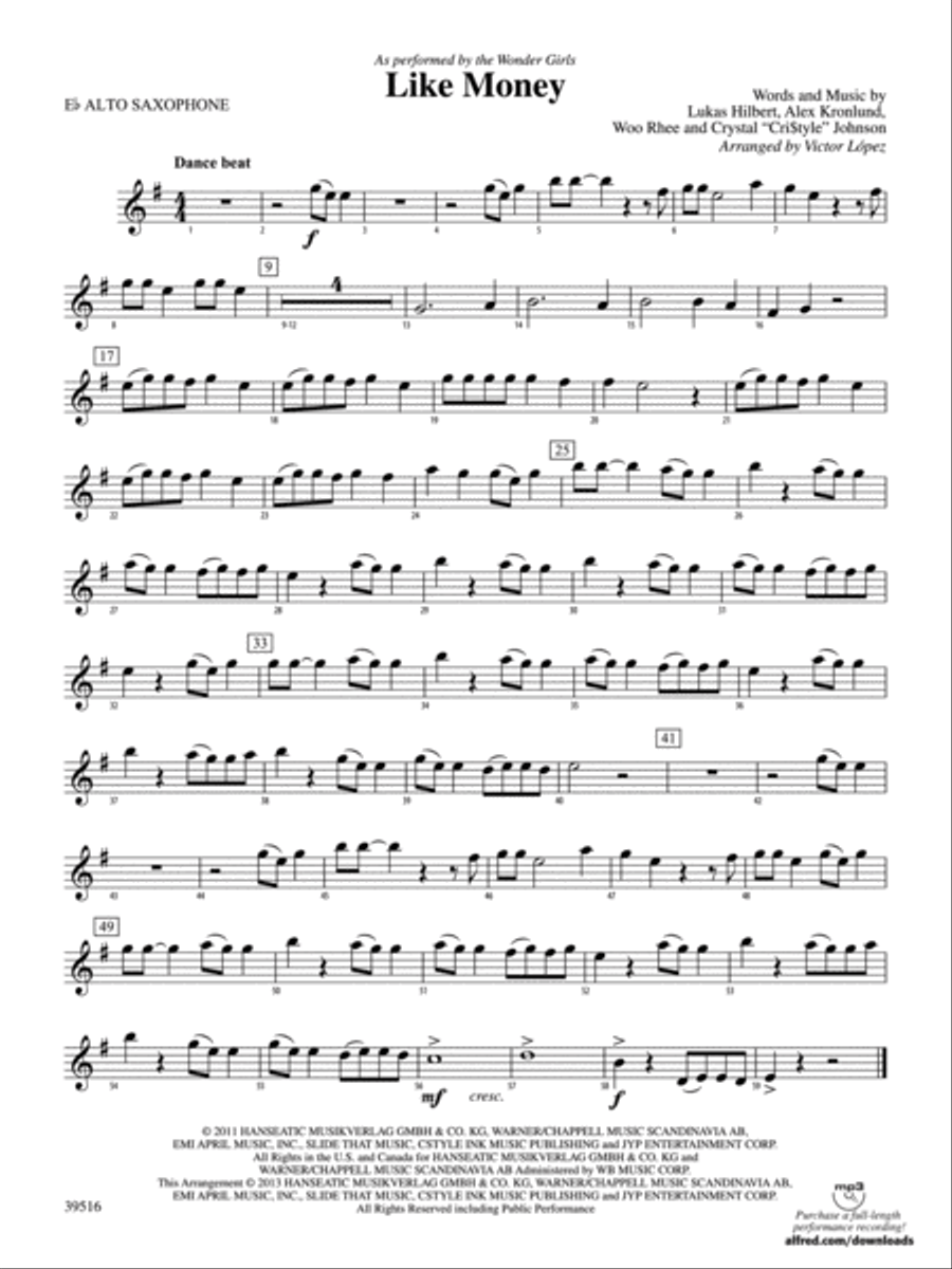Like Money: E-flat Alto Saxophone Concert Band scores gallery preview page 1