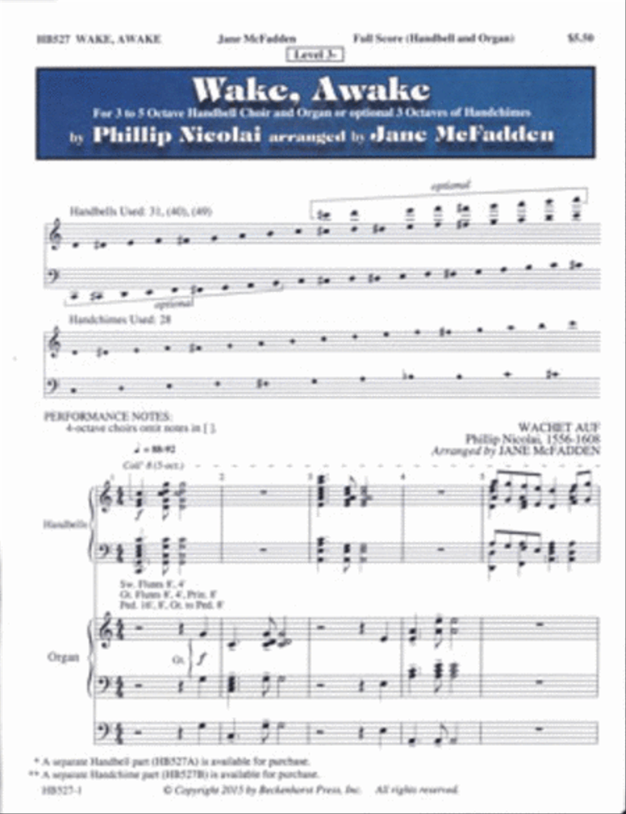 Wake, Awake - full score (handbells and organ) Handbell Choir scores gallery preview page 1