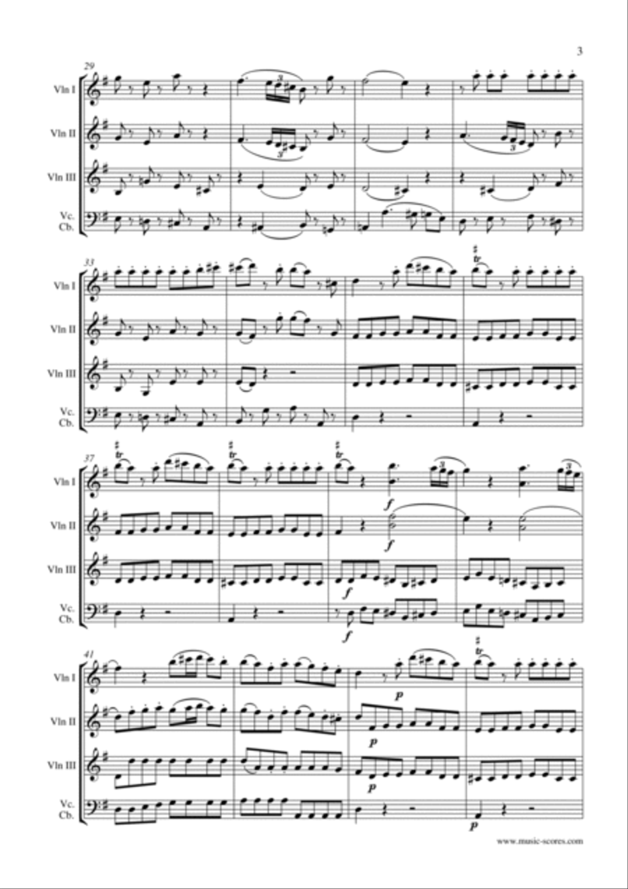 Eine Kleine Nachtmusik - Allegro 1st movement - 3 Violins and Cello and/or Contrabass String Trio scores gallery preview page 3