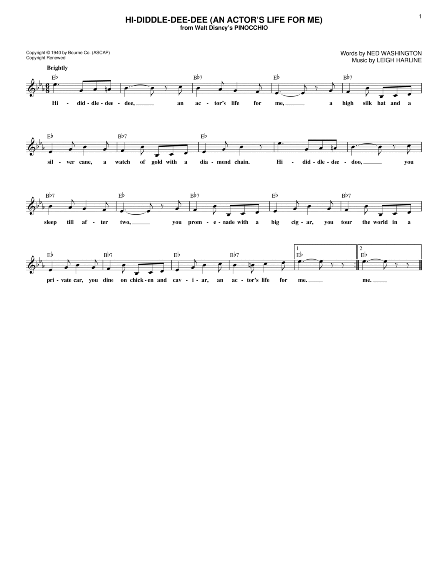 Hi-Diddle-Dee-Dee (An Actor's Life For Me) (from Pinocchio) Guitar scores gallery preview page 1