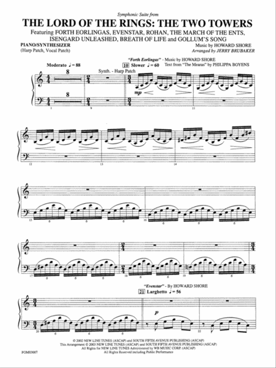 The Lord of the Rings: The Two Towers, Symphonic Suite from: Keyboard/Synthesizer Full Orchestra scores gallery preview page 1