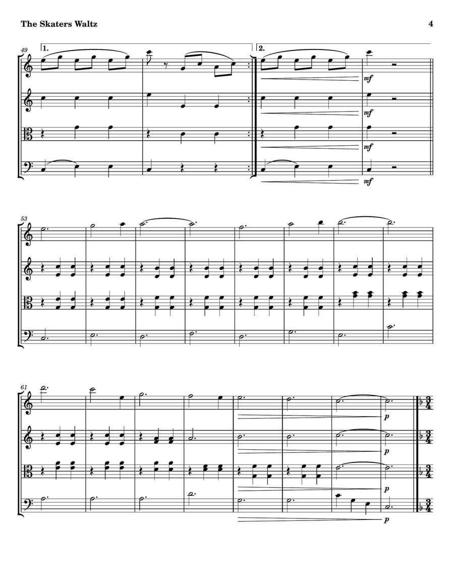 Les Patineurs, Opus 183 -- The Skaters Waltz String Quartet scores gallery preview page 4