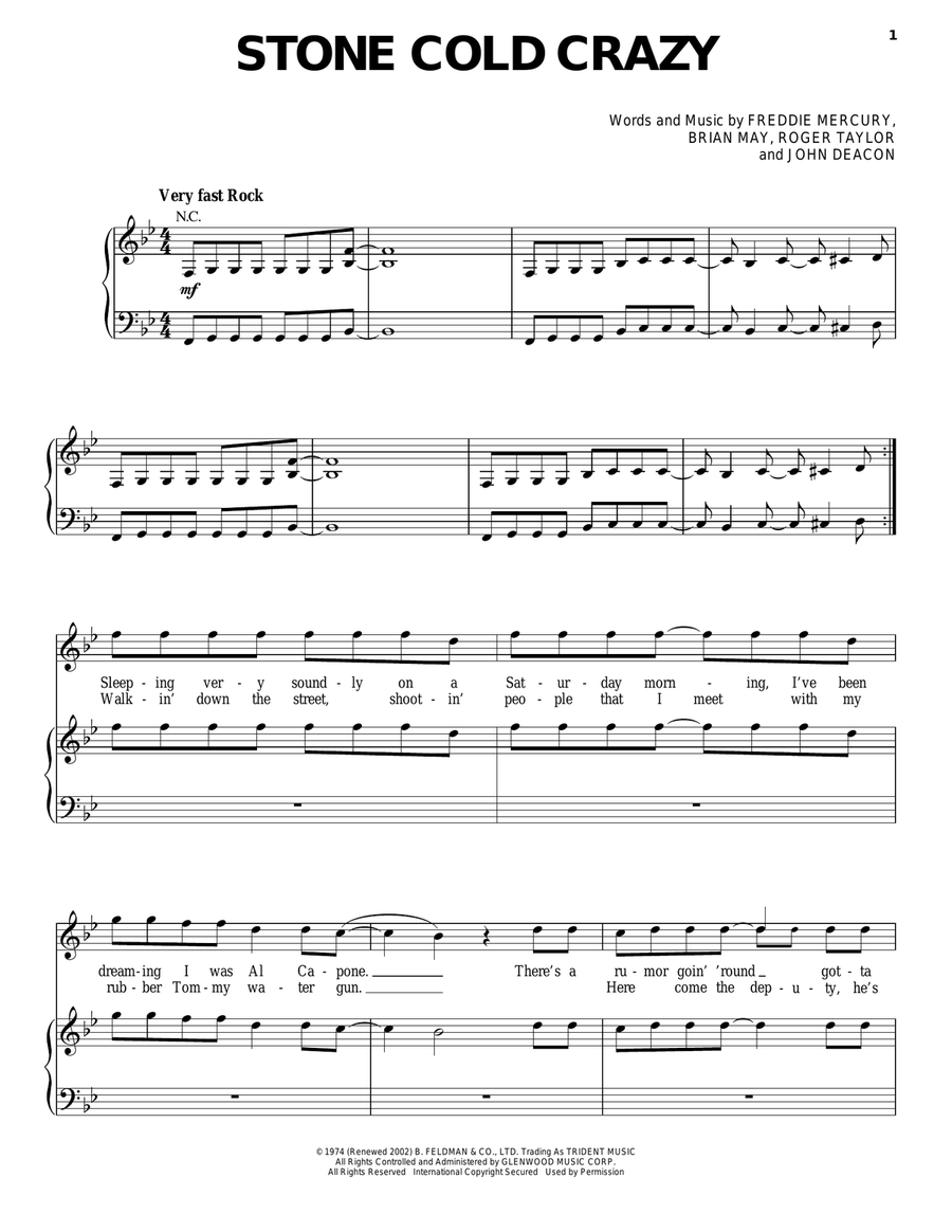 Stone Cold Crazy Piano, Vocal, Guitar scores gallery preview page 1