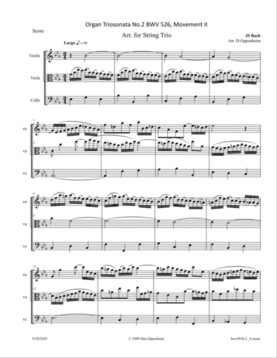 Bach: Organ Triosonata BWV 526 arr. for String Trio Small Ensemble scores gallery preview page 1