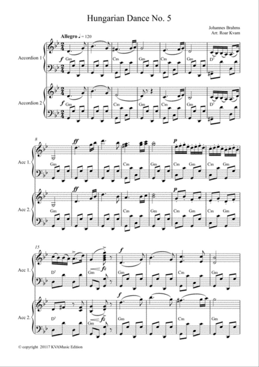 Brahms: Hungarian Dance No. 5 (Accordion Duet) Accordion scores gallery preview page 1