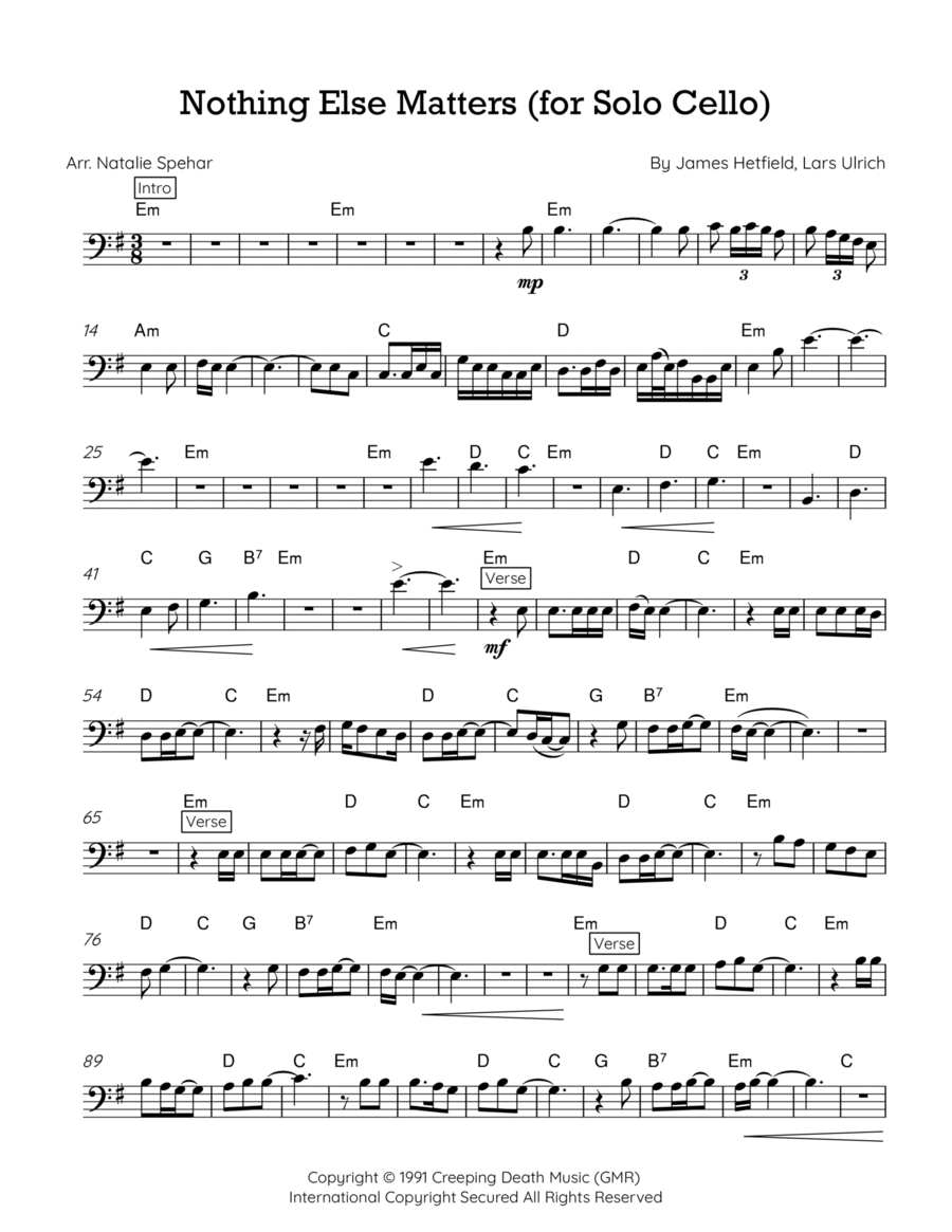 Nothing Else Matters Cello Solo scores gallery preview page 1