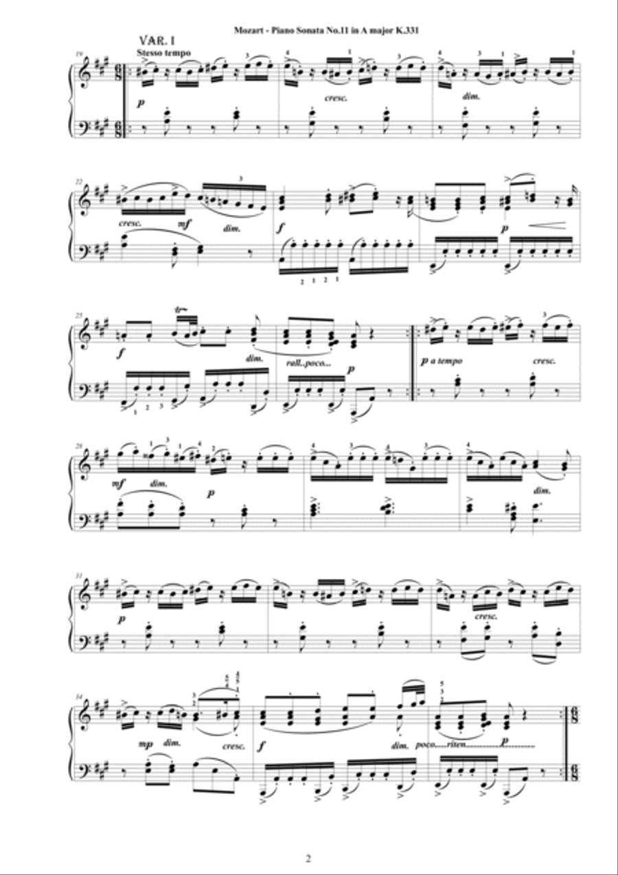 Mozart - Piano Sonata No.11 in A major K 331 - Complete score Piano Solo scores gallery preview page 2