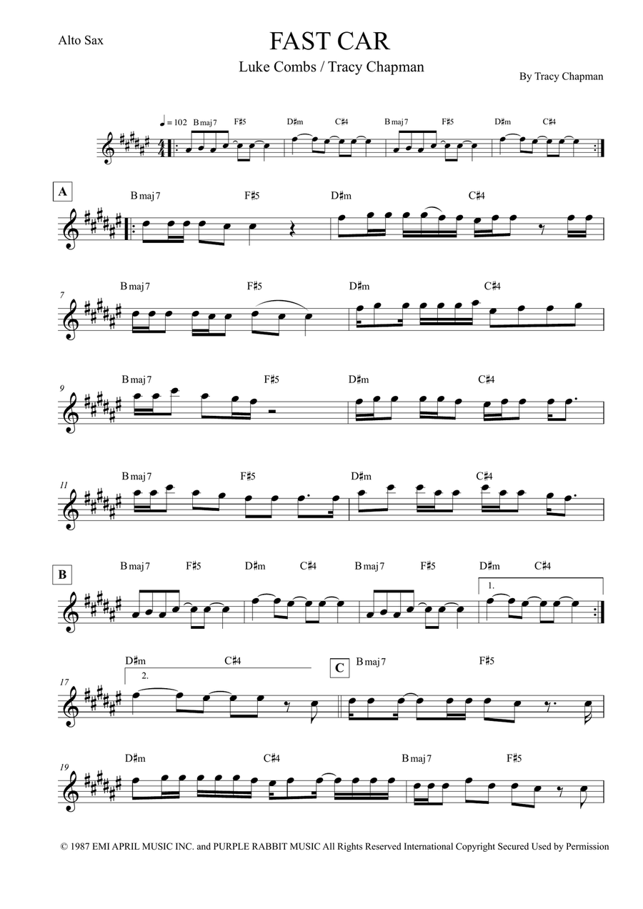 Fast Car Alto Saxophone scores gallery preview page 1