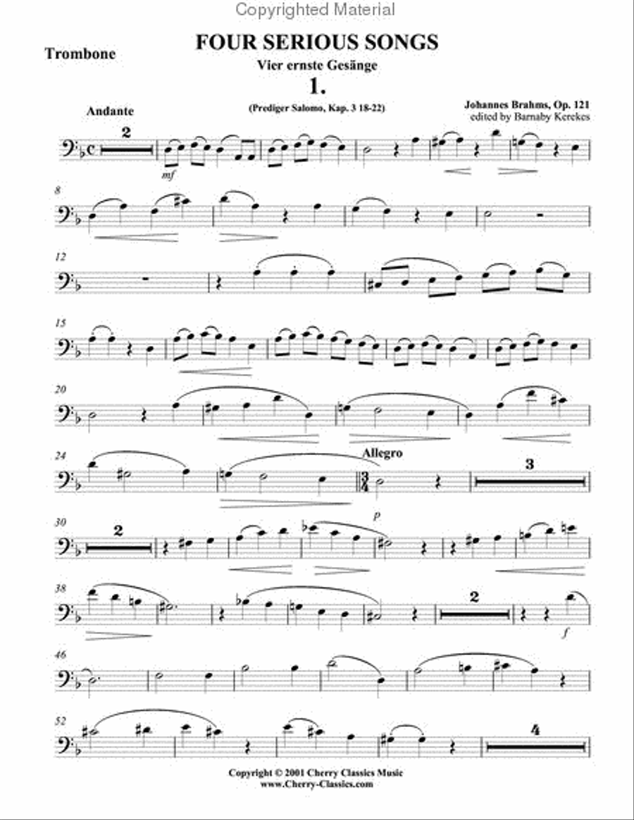 Four Serious Songs for Trombone or Bass Trombone and Piano Bass Trombone scores gallery preview page 2