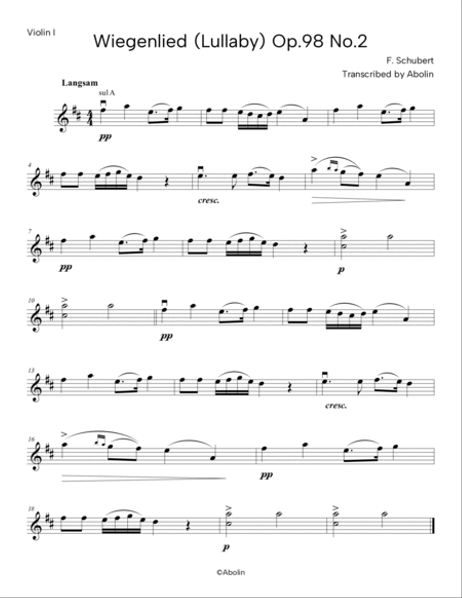 Schubert: Wiegenlied (Lullaby), Op.98, No.2, arr. for Violin Quartet String Quartet scores gallery preview page 4