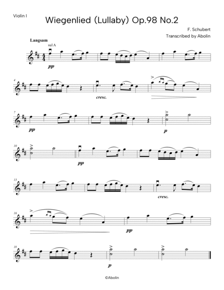 Schubert: Wiegenlied (Lullaby), Op.98, No.2, arr. for Violin Quartet image number null