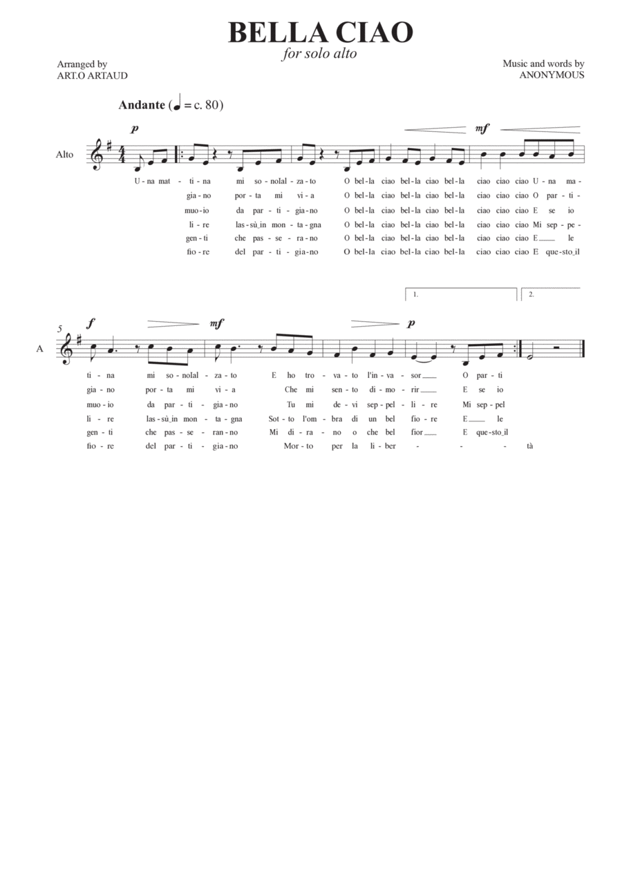 Bella Ciao Bella Ciao Alto Voice scores gallery preview page 1