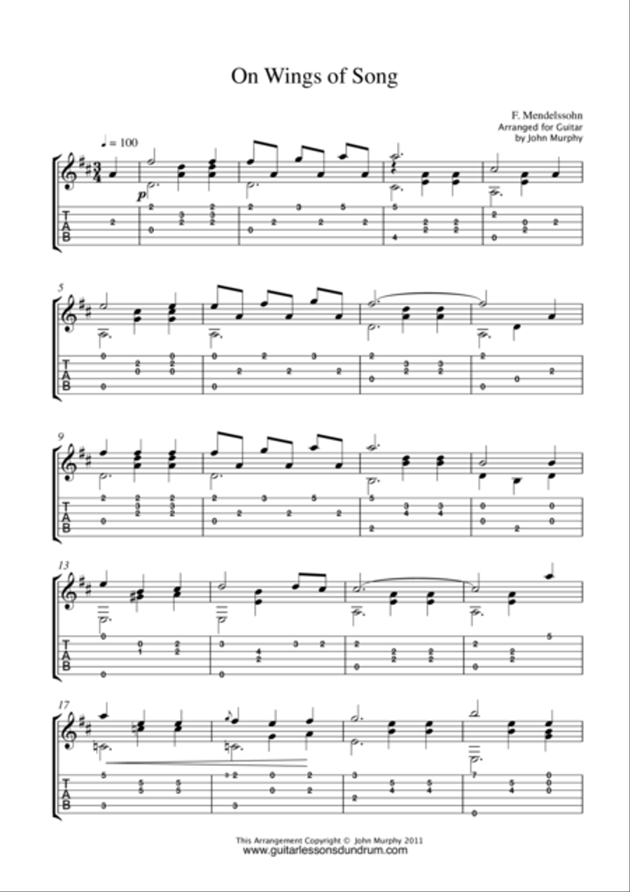 On Wings Of Song F. Mendelssohn On Wings Of Song F. Mendelssohn Classical Guitar scores gallery preview page 1