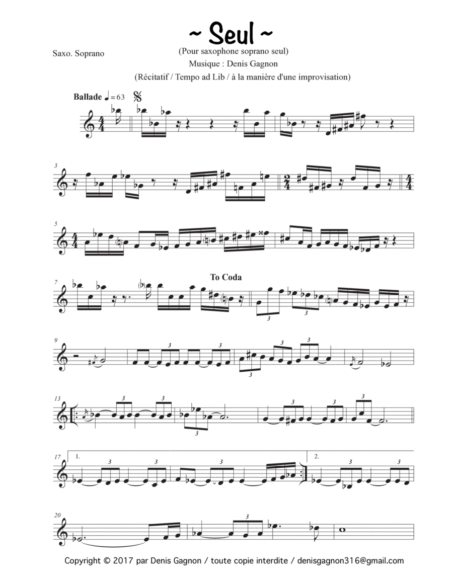 Seul (pour Saxophone Soprano solo) image number null