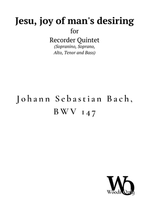 Book cover for Jesu, joy of man's desiring by Bach for Recorder Choir Quintet