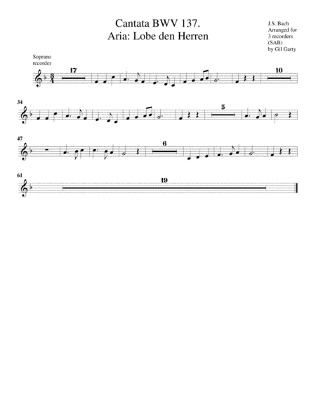 Aria: Lobe den Herren from Cantata BWV 137 (Arrangement for 3 recorders)