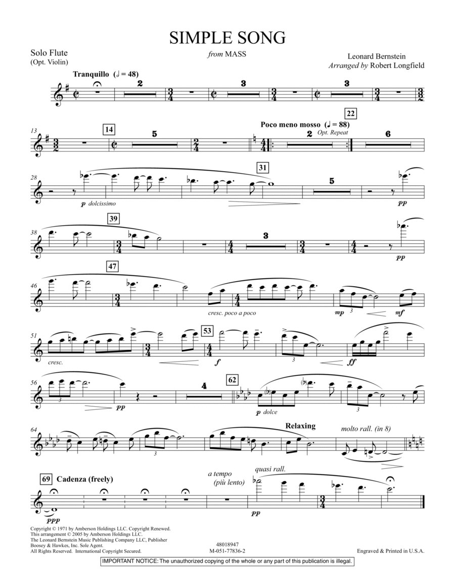 A Simple Song (from Mass) - Solo Flute Orchestra scores gallery preview page 1