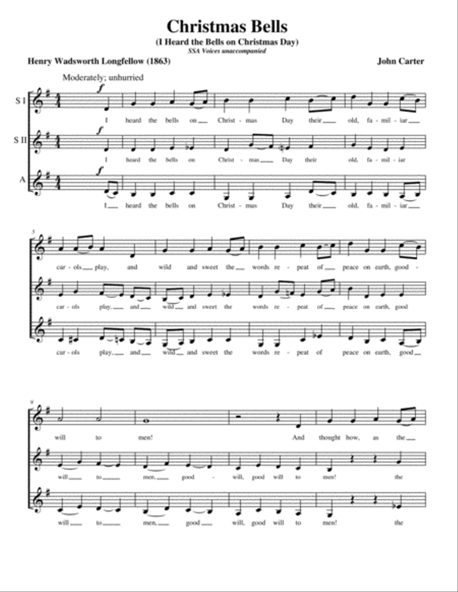 Christmas Bells (I Heard the Bells on Christmas Day) SSA scores gallery preview page 1