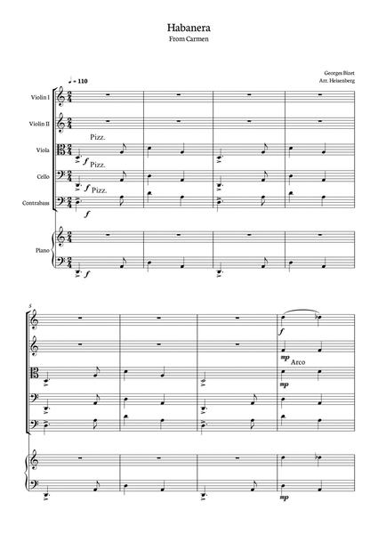 Habanera - Georges Bizet (Carmen) for String Quintet in a easy version with piano - Score and parts image number null