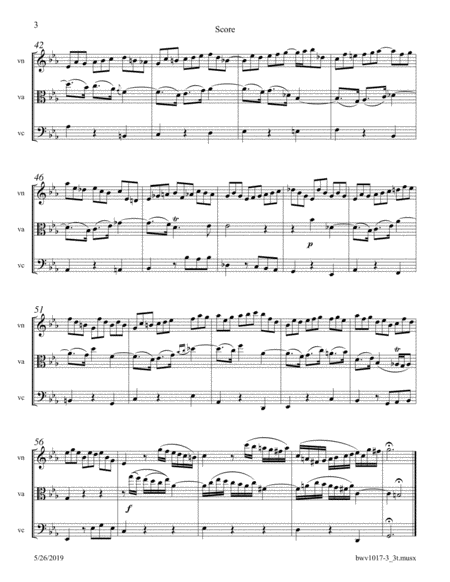 Bach: Sonata BWV 1017, Movement 3 arranged for String Trio (Violin, Viola and Cello) image number null