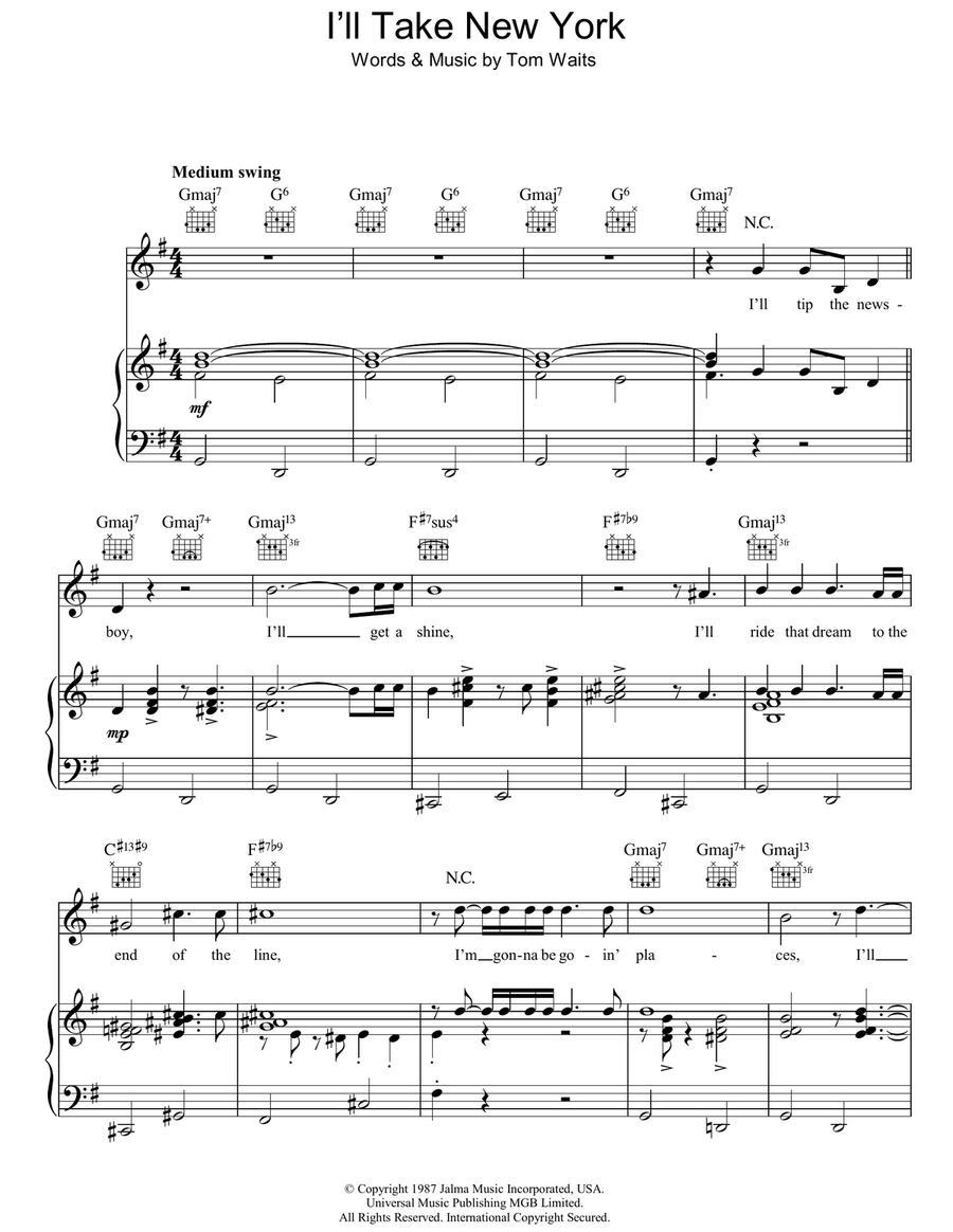 I'll Take New York I'll Take New York Piano, Vocal, Guitar scores gallery preview page 1