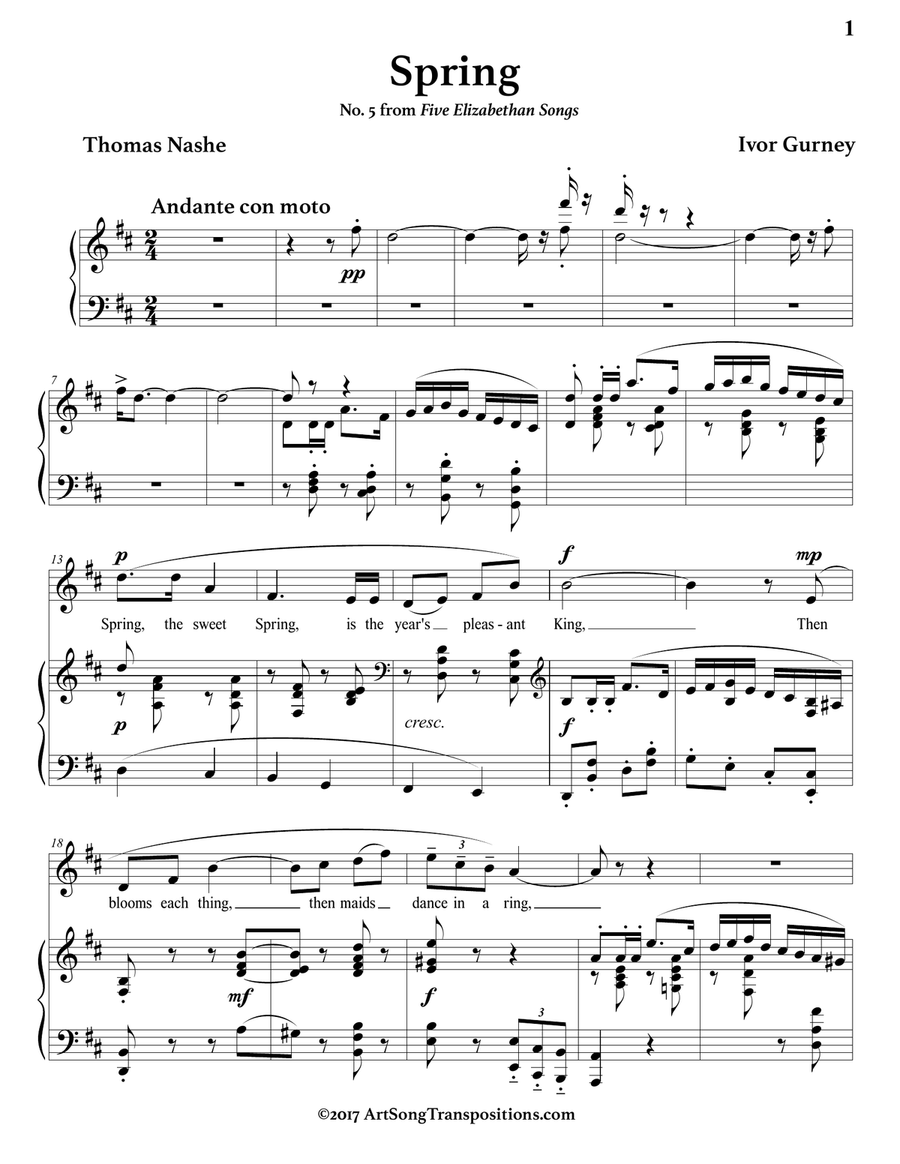 GURNEY: Spring (transposed to D major) Piano, Vocal scores gallery preview page 2